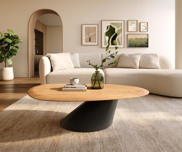 DELIFE Konferenční stolek Edge oválný 140x75 cm dub přírodní kulatá hrana Conis kov černá
