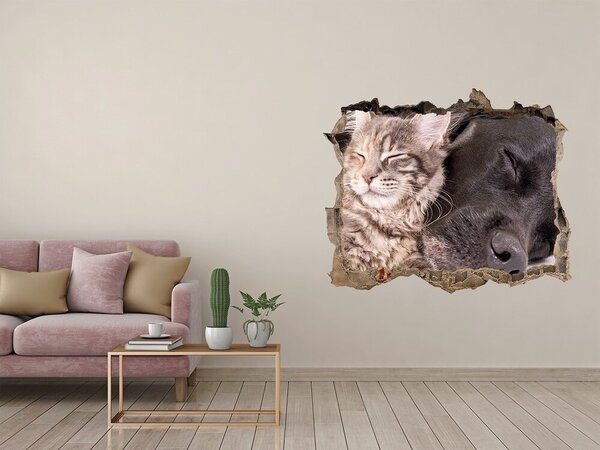 Díra 3D foto tapeta nálepka Pes s kočkou nd-k-91792125