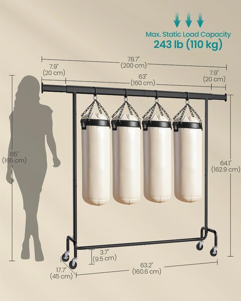 SONGMICS Pojízdný věšák na oděvy s výsuvnou závěsnou lištou, nosnost 110 kg, 160-200 x 163 x 45 cm černá