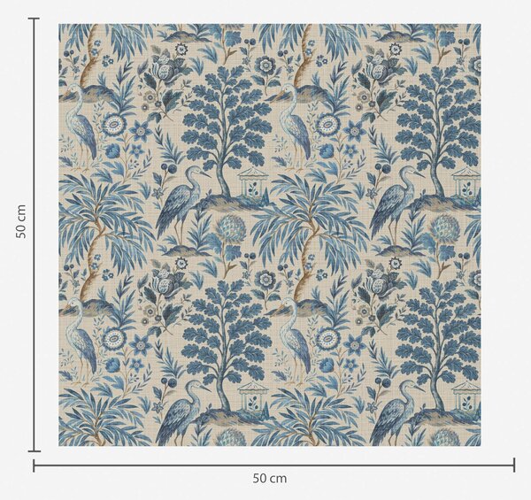 Tapety Toile de Jouy s modrými ptáky a tropickými stromy, Tapety květiny, a00382 : uwalls.cz