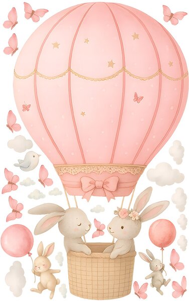 Zajíčci v růžovém balónu textilní přelepitelné samolepky na zeď arch 47 x 75 cm