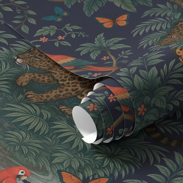 Tapety Tropická džungle s leopardem, leopardem, papoušky a motýly, Tapety les, a00388 : uwalls.cz
