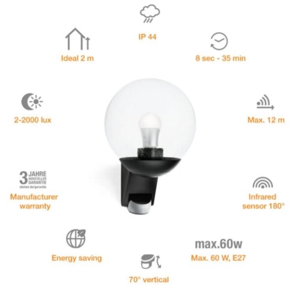 STEINEL 005535-Venkovní nástěnné svítidlo se senzorem L585S 1xE27/60W černá IP44
