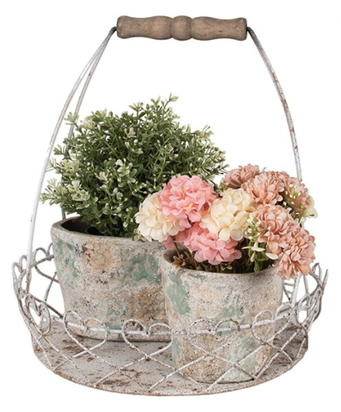 Set dvou kovových bílých kruhových košíků se srdíčky a držákem Katrien – 39/33 cm