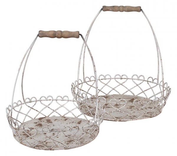 Set dvou kovových bílých kruhových košíků se srdíčky a držákem Katrien – 39/33 cm