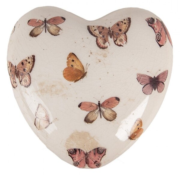 Béžová keramická dekorace srdce s motýlky Butterfly Paradise L – 10X10x4 cm