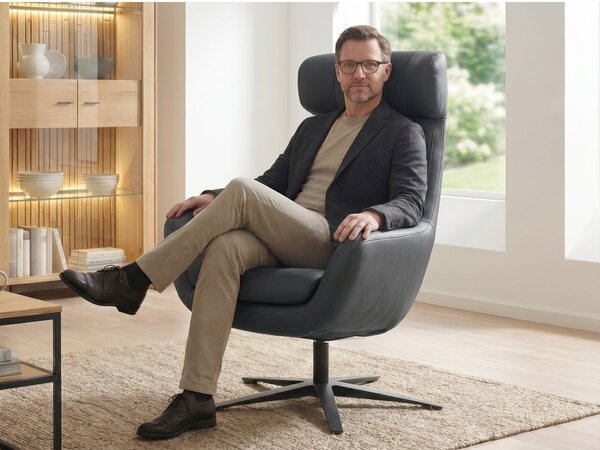 Kožené designové otočné křeslo s vysokým opěrem BE ORGANIC, kůže Prestige+ Nero