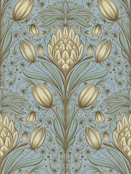 Tapety Modrý vzor s artyčoky a tulipány, Tapety květiny, a00435 : uwalls.cz
