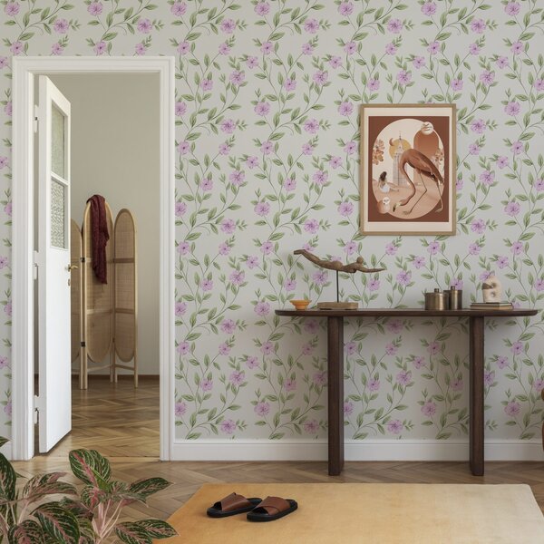 Tapety Růžové květy se zelenými liánami na krémovém pozadí, Tapety květiny, a00453 : uwalls.cz