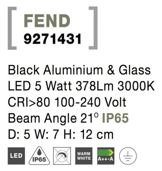 NOVA LUCE venkovní nástěnné svítidlo FEND černý hliník a sklo LED 5W 3000K 100-240V 21st. IP65 9271431