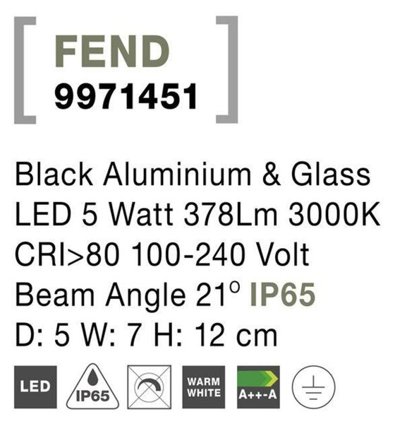 NOVA LUCE venkovní nástěnné svítidlo FEND černý hliník a sklo LED 5W 3000K 100-240V 21st. IP65 9971451