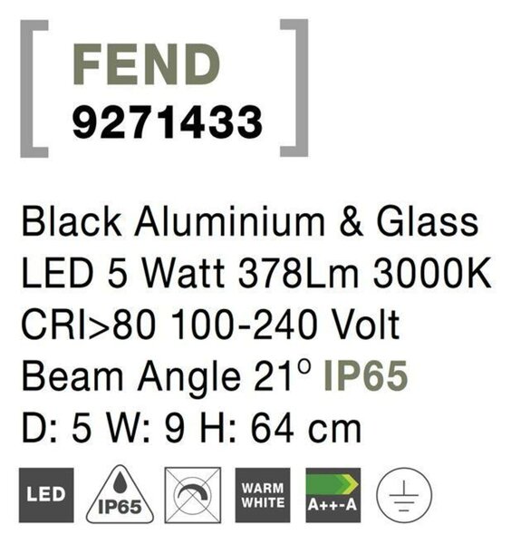 NOVA LUCE venkovní sloupkové svítidlo FEND černý hliník a sklo LED 5W 3000K 100-240V 21st. IP65 9271433