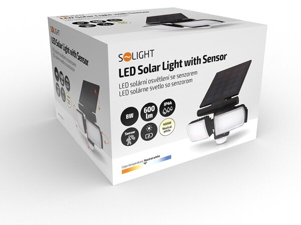 Solight LED solární osvětlení se senzorem, 8W, 600lm, Li-on, černá WO772