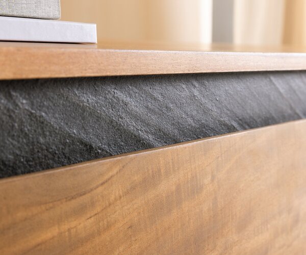 DELIFE Designový TV stolek Stonegrace 240 cm akácie přírodní břidlice 4 dvířka závěsný