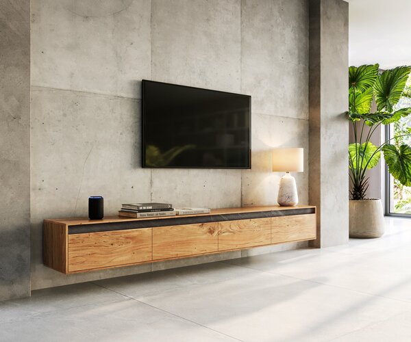 DELIFE Designový TV stolek Stonegrace 240 cm akácie přírodní břidlice 4 dvířka závěsný
