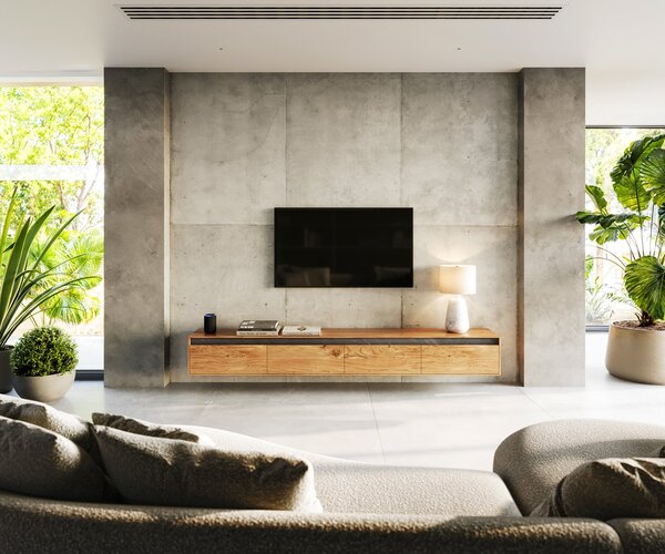 DELIFE Designový TV stolek Stonegrace 240 cm akácie přírodní břidlice 4 dvířka závěsný