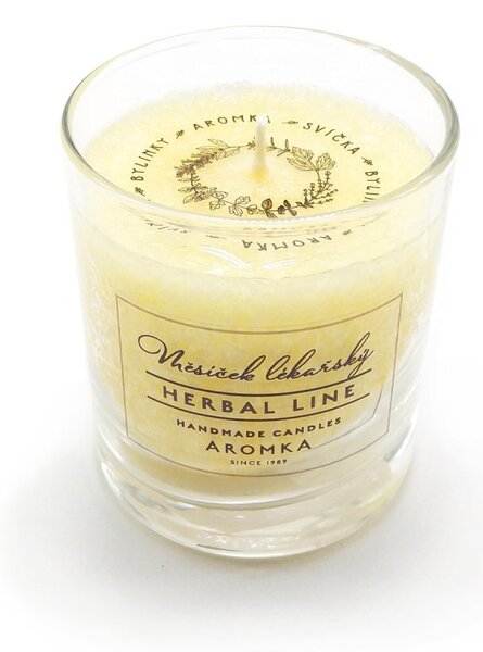 Svíčka z palmového vosku Aromka Měsíček, ve whisky sklenici, bylinková vůně, hoření 22 hodin