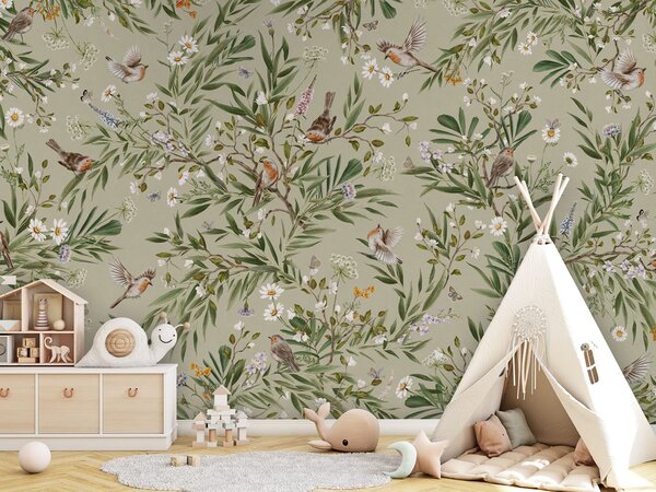 FUGU Tapeta s ptáčky a květinami - Playful Robins green Materiál: Digitální eko vlies - klasická tapeta nesamolepicí