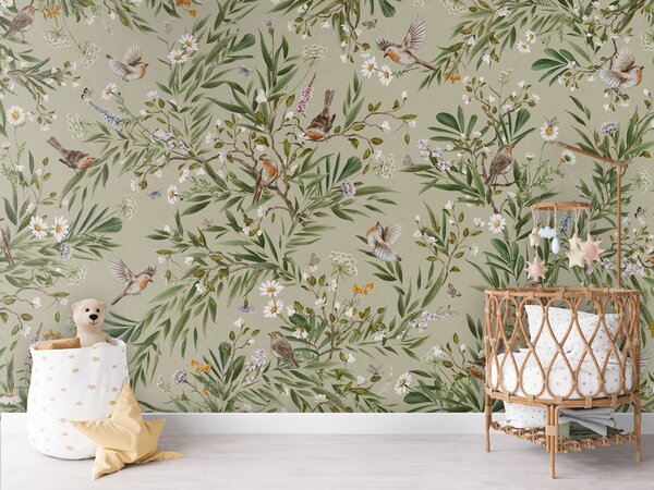 FUGU Tapeta s ptáčky a květinami - Playful Robins green Materiál: Digitální eko vlies - klasická tapeta nesamolepicí
