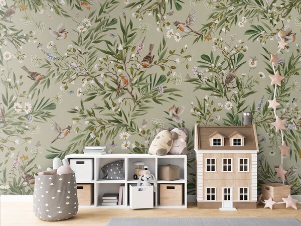 FUGU Tapeta s ptáčky a květinami - Playful Robins green Materiál: Digitální eko vlies - klasická tapeta nesamolepicí