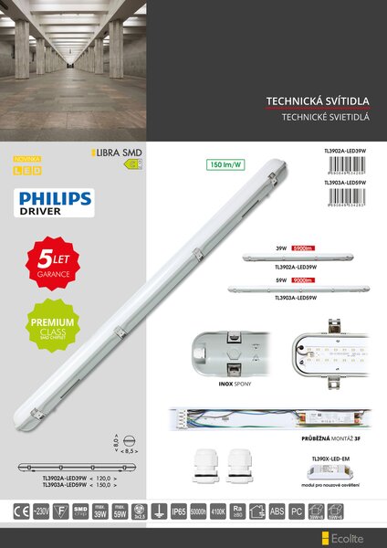 Ecolite LED prachotěs 59W, 150cm, IP65, 9000lm, 4100K TL3903A-LED59W