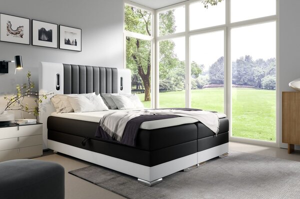 Manželská postel 180x200 DELIA s LED osvětlením - černá / smetanová + topper ZDARMA