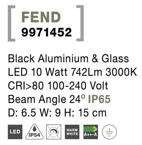 NOVA LUCE venkovní nástěnné svítidlo FEND černý hliník a sklo LED 10W 3000K 100-240V 24st. IP65 9971452