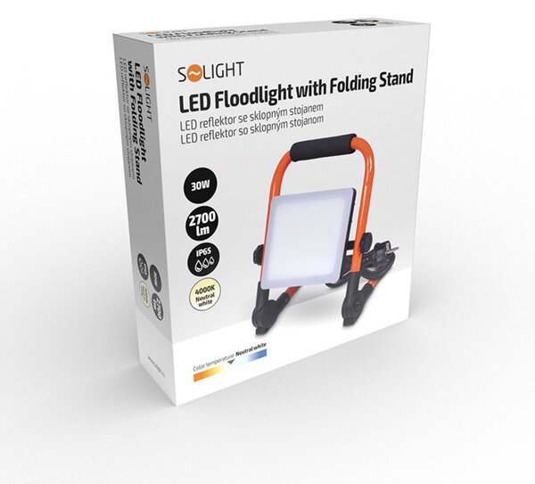 Solight LED reflektor se sklopným stojanem, 30W, 2700lm, 4000K, kabel se zástrčkou, IP65 WM-30W-FEQ