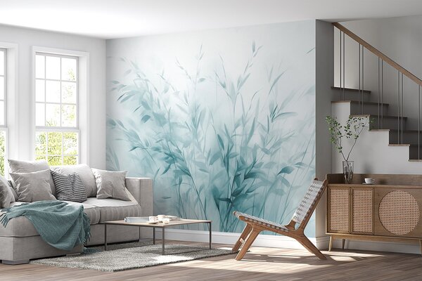 Fototapety Tráva a plevel s tenkými listy a stonky, světle modré barvy, měkké a jemné tahy štětcem,, Fototapety akvarel, w09342v1 : uwalls.cz