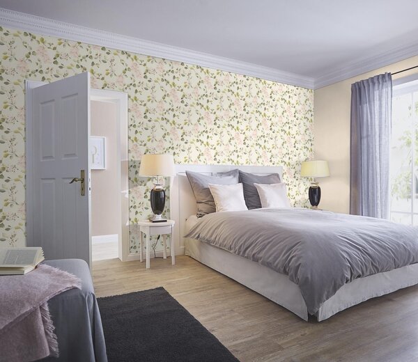 RASCH | Vliesová tapeta na zeď Peonies 582215 | 0,53 x 10,05 m | krémová, zelená, růžová