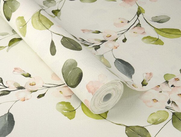 RASCH | Vliesová tapeta na zeď Peonies 582215 | 0,53 x 10,05 m | krémová, zelená, růžová