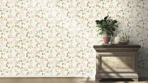 RASCH | Vliesová tapeta na zeď Peonies 582215 | 0,53 x 10,05 m | krémová, zelená, růžová