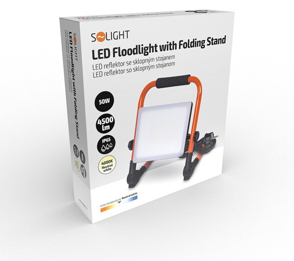 Solight LED reflektor se sklopným stojanem, 50W, 4500lm, 4000K, kabel se zástrčkou, IP65 WM-50W-FEQ