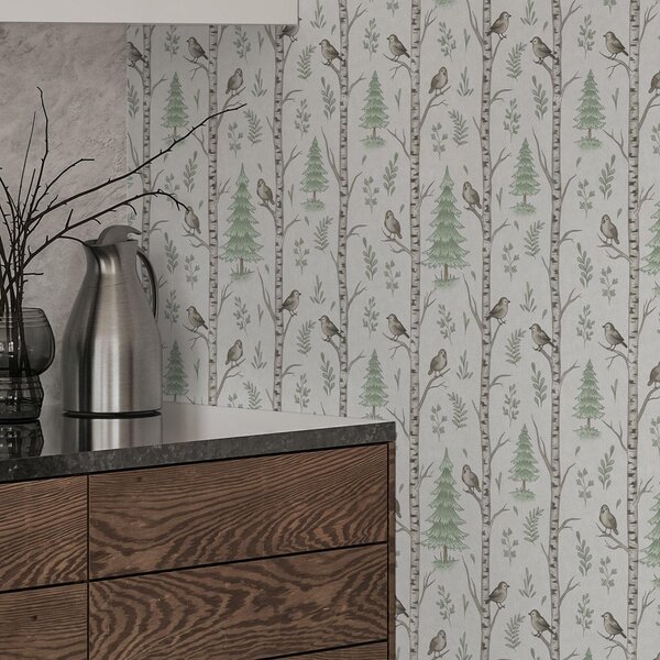 Tapety Břízy s ptáky ve světle zeleném lese, Tapety příroda, a00316 : uwalls.cz