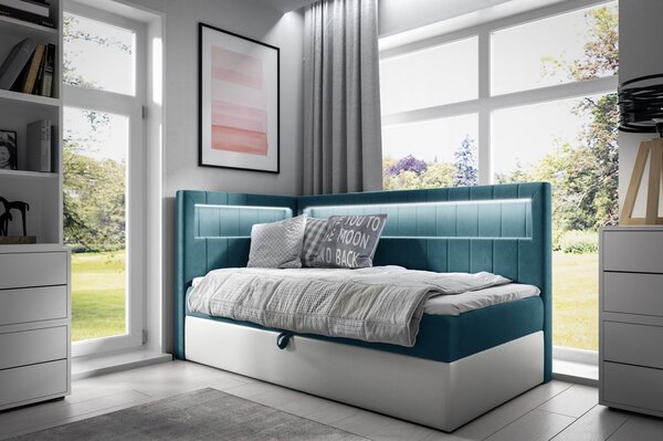 Jednolůžková postel 100x200 KISHA 3 - modrá / bílá, otevírání z pravé strany + topper ZDARMA