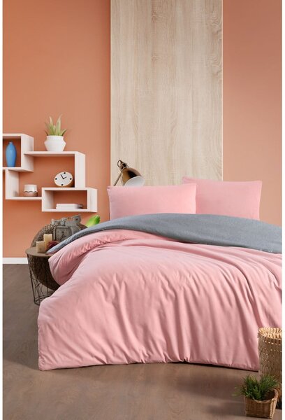Bavlněné povlečení na dvoulůžko/prodloužené s prostěradlem v lososové barvě/šedé 200x220 cm – Mila Home