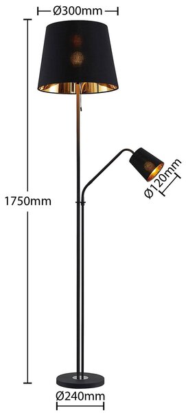 Lindby Stojací lampa Efalia, černá/zlatá, textil, světlo na čtení, Černá, Obývací pokoj / jídelna, kov, Moderní