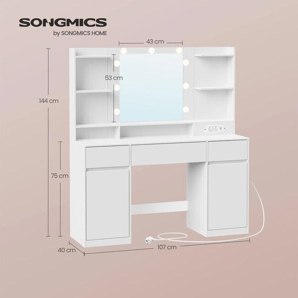 SONGMICS Toaletní stolek s LED osvětlením a nabíjecí stanicí Vasagle Brill 107 cm bílý