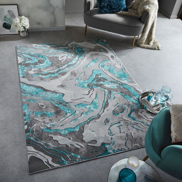 Flair Rugs, Kusový koberec Eris Marbled Emerald, 80x150, modrá, kancelář