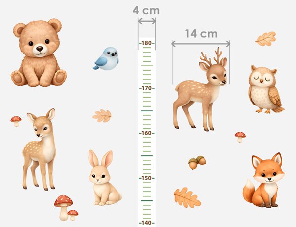 Metr veselá zvířátka z lesa textilní přelepitelné samolepky na zeď výška 160 cm