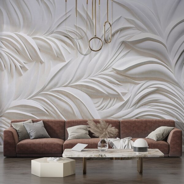 Fototapety Abstraktní texturované bílé listy a květinové prvky, minimalistická estetika, Fototapety 3D, Fototapety 3d listí, w09378 : uwalls.cz
