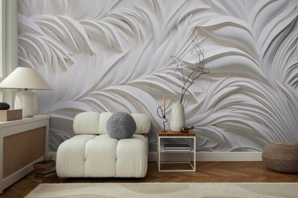 Fototapety Abstraktní texturované bílé listy a květinové prvky, minimalistická estetika, Fototapety 3D, Fototapety 3d listí, w09378 : uwalls.cz