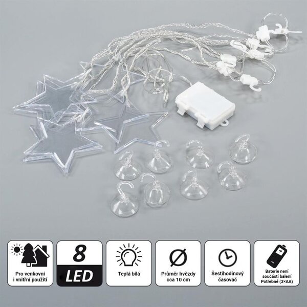 Vánoční světelný závěs, hvězdy, 8 LED, teple bílý