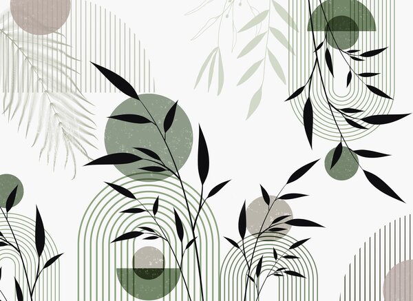 Fototapety Texturovaný abstraktní tisk s geometrickými tvary, kruhy a oblouky a černými a zelenými, Fototapety geometrie, w09384 : uwalls.cz