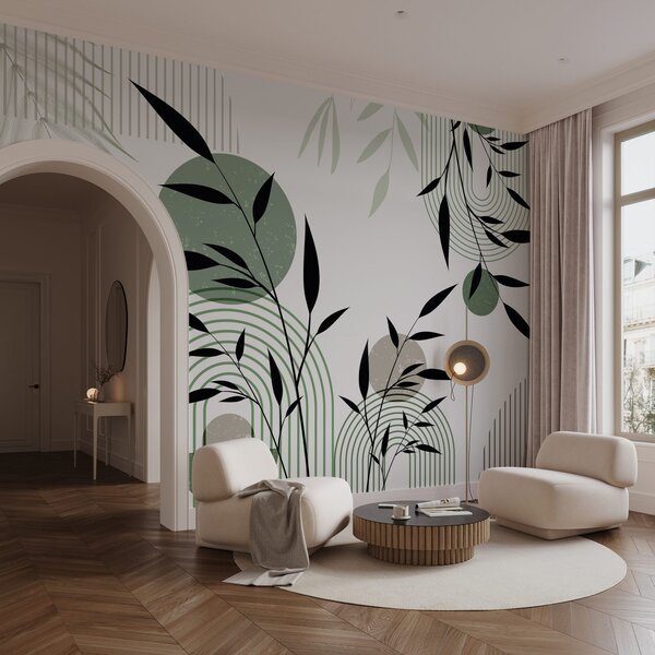 Fototapety Texturovaný abstraktní tisk s geometrickými tvary, kruhy a oblouky a černými a zelenými, Fototapety geometrie, w09384 : uwalls.cz
