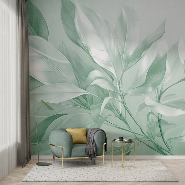 Fototapety Listy magnólie v bílých a zelených tónech, měkké osvětlení, elegantní kompozice, detailní, Fototapety akvarel, w09385v1 : uwalls.cz