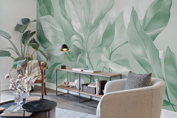 Fototapety Listy magnólie v bílých a zelených tónech, měkké osvětlení, elegantní kompozice, detailní, Fototapety akvarel, w09385v1 : uwalls.cz