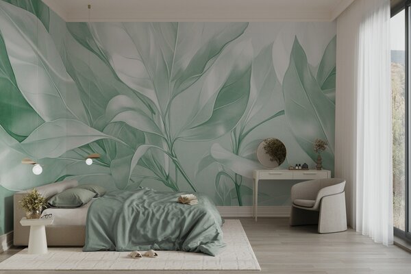 Fototapety Listy magnólie v bílých a zelených tónech, měkké osvětlení, elegantní kompozice, detailní, Fototapety akvarel, w09385v1 : uwalls.cz