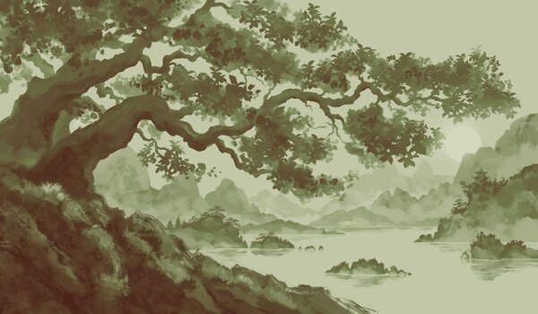 Fototapeta Strom s řekou a horami, Fototapety s japonskou zahradou, Populární fototapety - Tapeko.co.cz