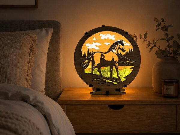 "Kůň s mechem" dřevěná lampa s dvojitým podsvícením 20x22 cm dub